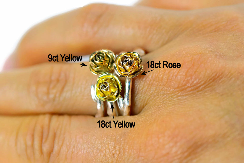 Yellow rose ring made in 9 carat yellow gold rose and soft rose stem band in silver