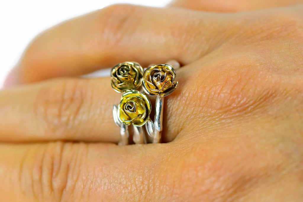 Yellow eco-gold rose ring with silver band and solid 18ct gold yellow rose