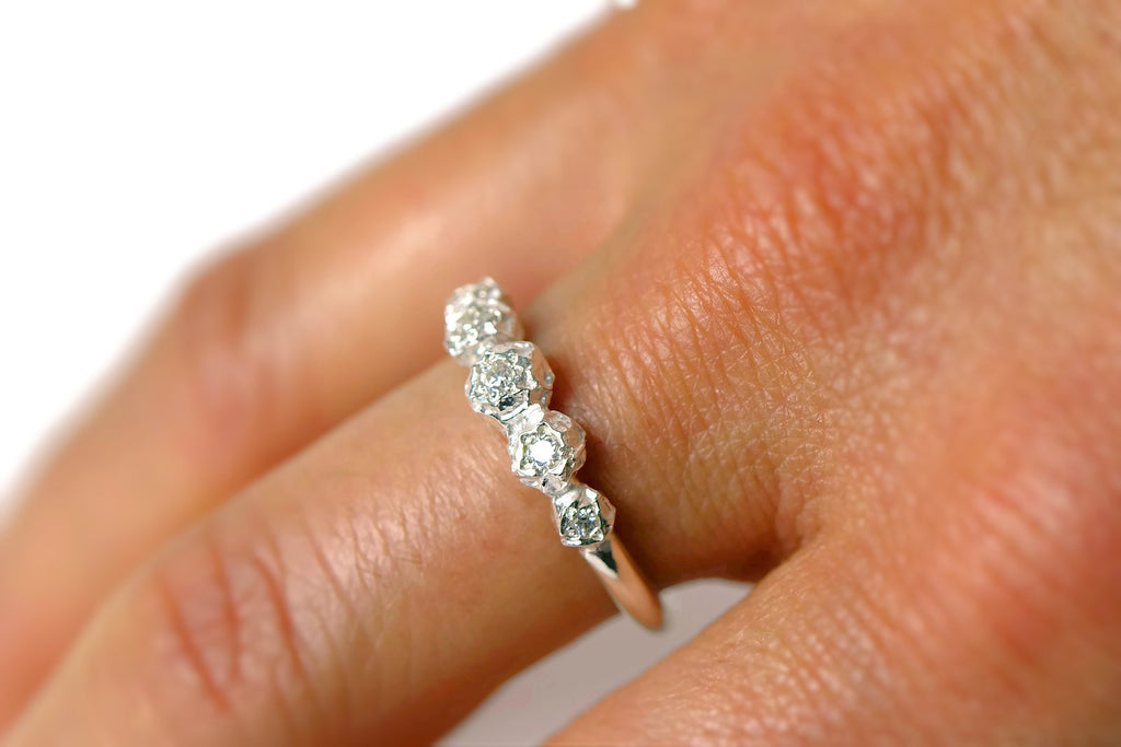 Five gemstone engagement ring, silver peppercorns eternity ring design