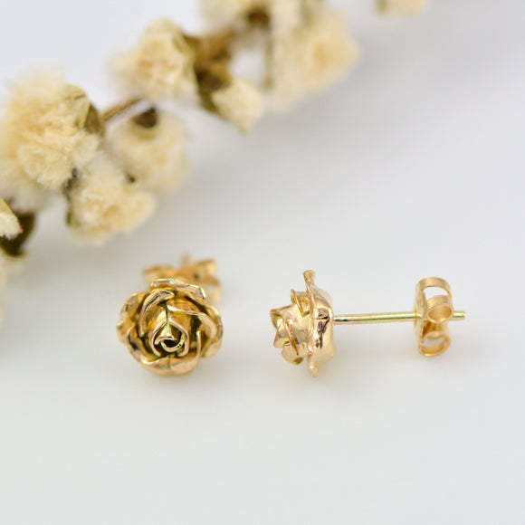 Tiny 9ct gold rose stud earrings - solid gold stud earrings