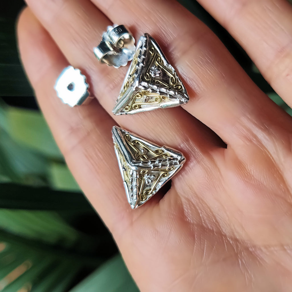 18ct gold and silver patterned 3D triangle stud earrings, geometrical designs