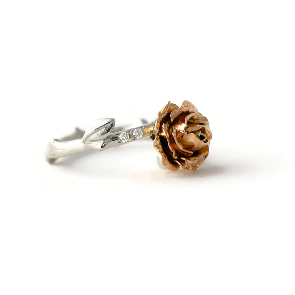 gold rose ring with tiny diamonds 
