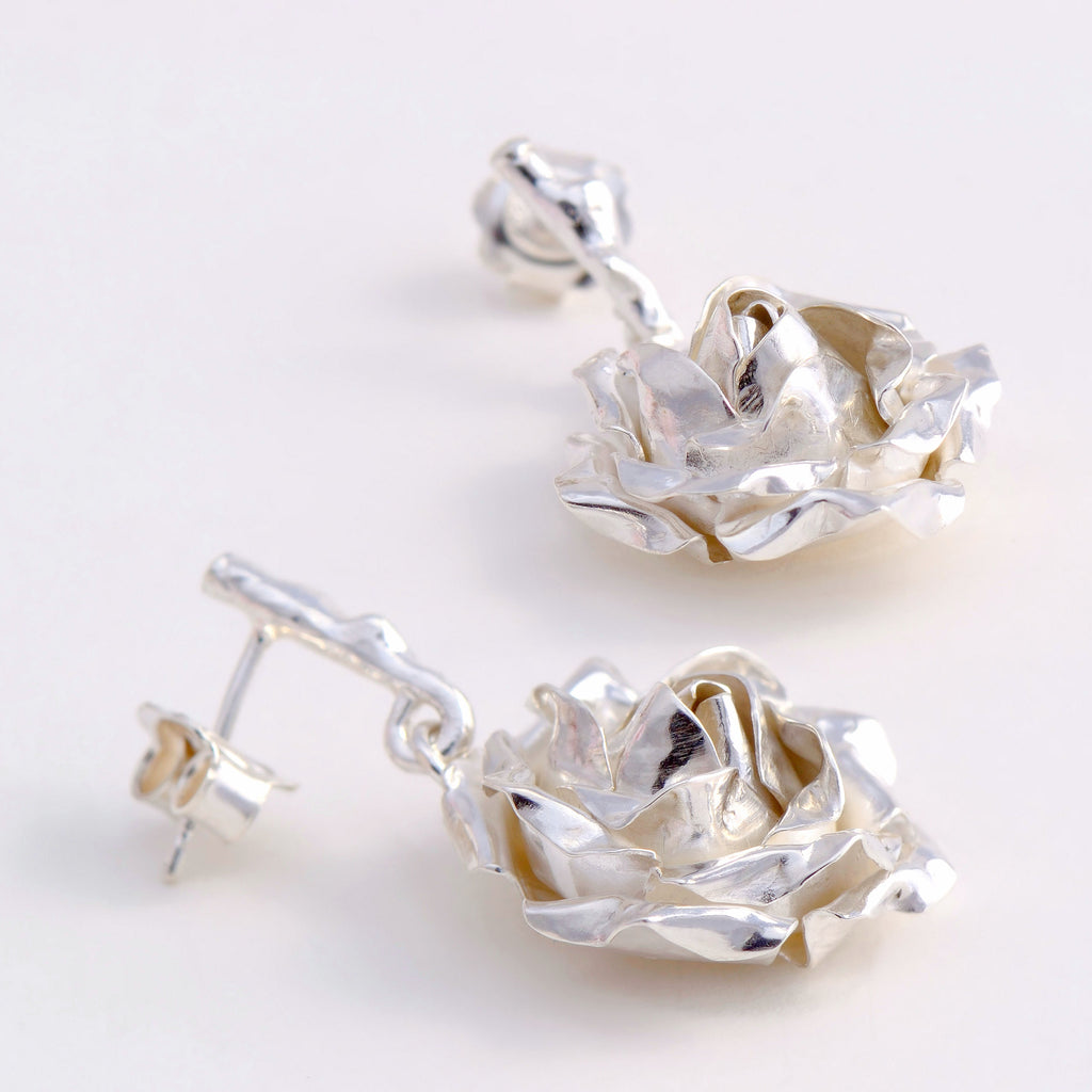 large silver  rose earrings 