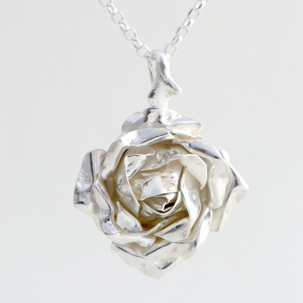 Large rose pendant in solid sterling silver