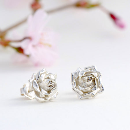 Medium silver rose stud earrings rose flowers for your be love