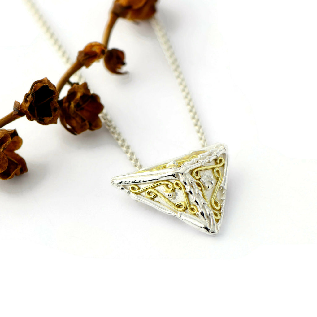 Triangular Jewellery 18ct eco-gold and silver small 3D triangle pendant design, geometric ...