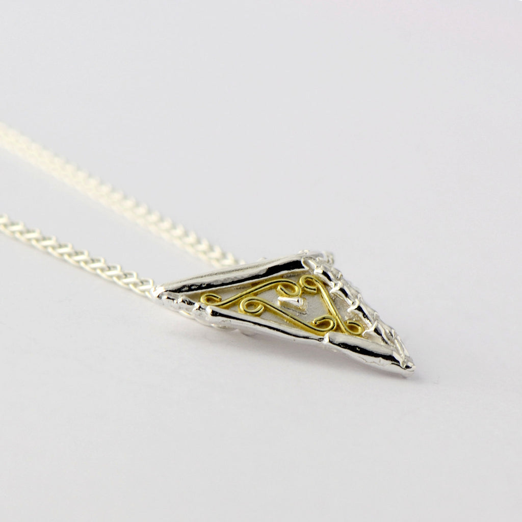 18ct gold and silver small 3D triangle pendant design, geometric jewellery