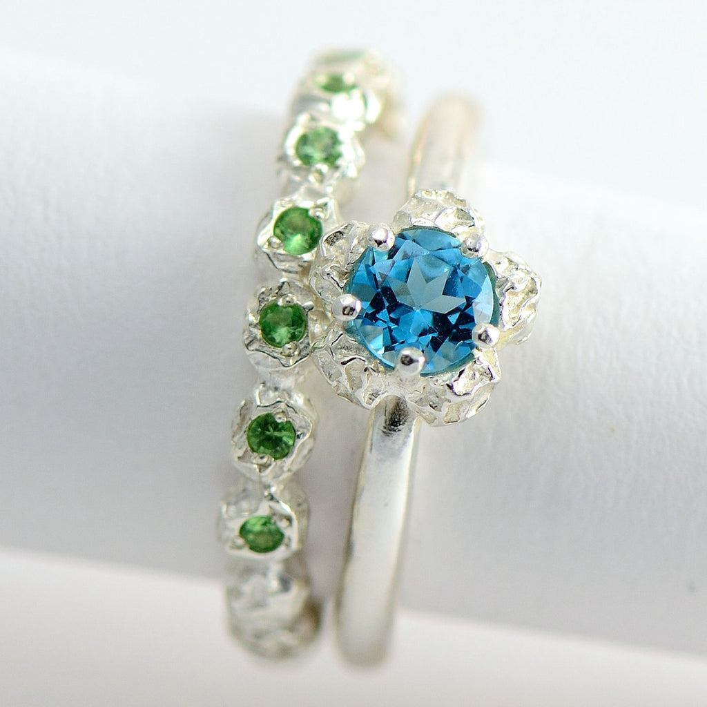 sterling silver solitary blue topaz ring+ eternity green garnet ring 