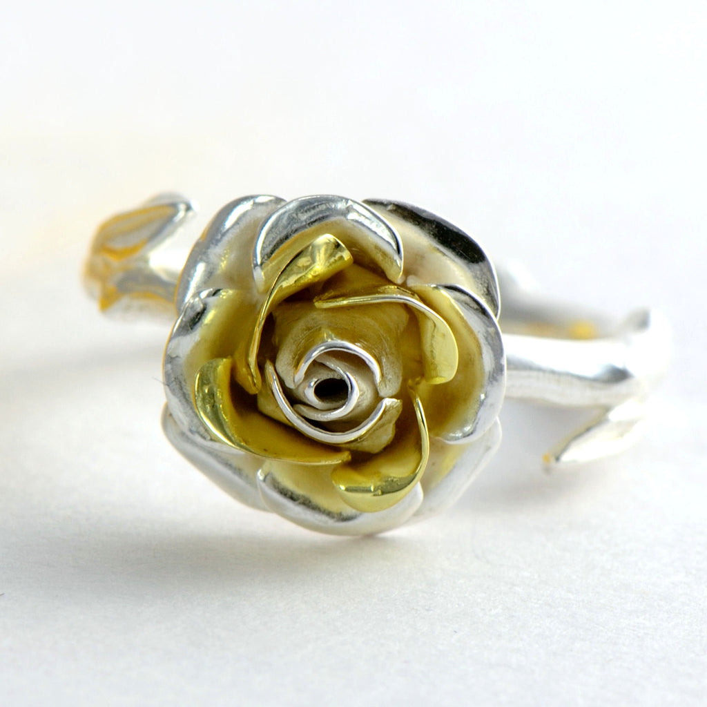 yellow gold and silver rose ring