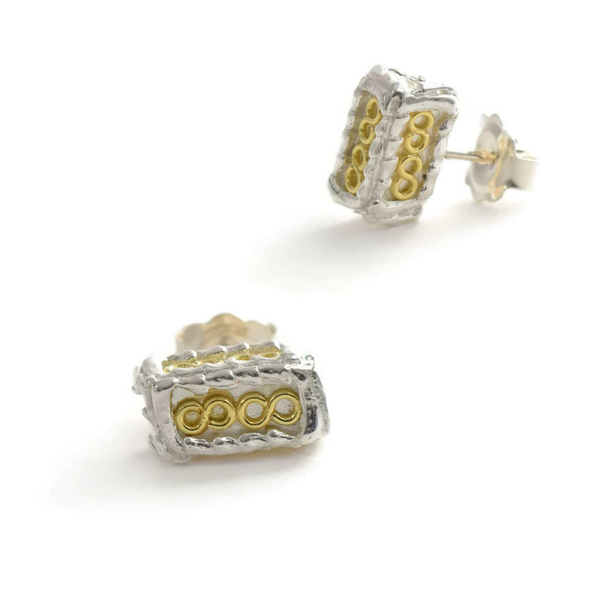 18ct gold and silver pettite patterned 3D rectangle stud earrings, geometrical designs