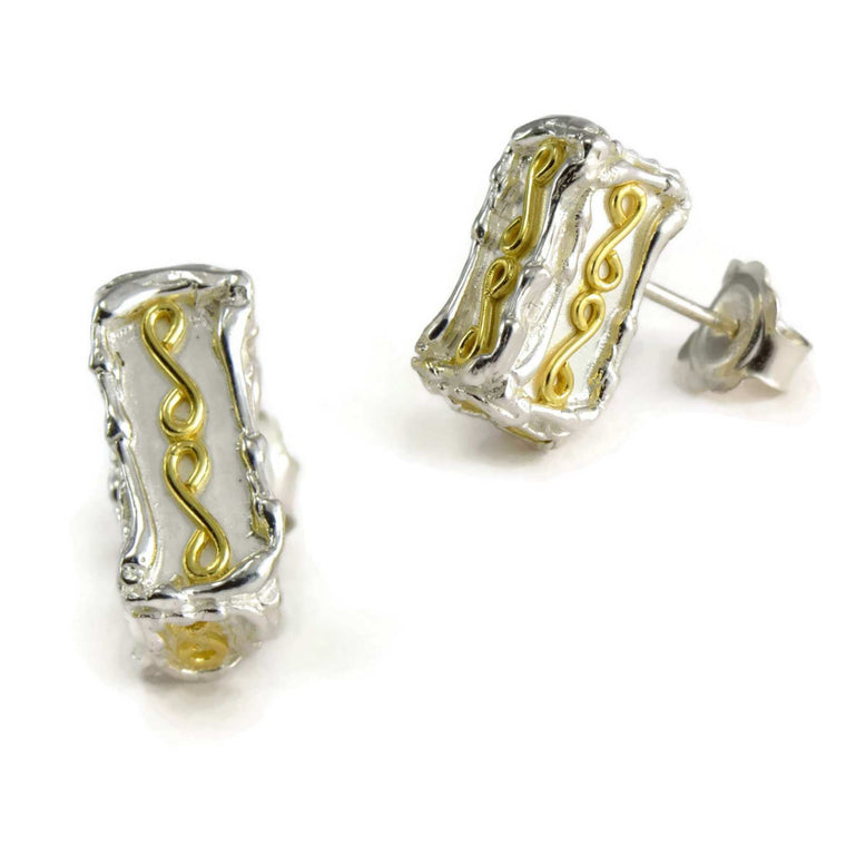 18ct gold and silver large patterned 3D rectangle stud earrings, geometrical designs