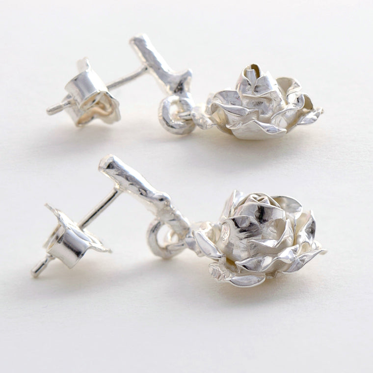 Silver medium rose earrings- dangling rose earrings