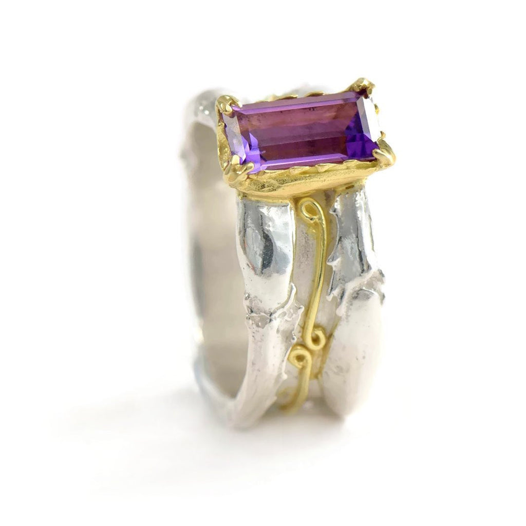 Amethyst , gold and silver cocktail ring 