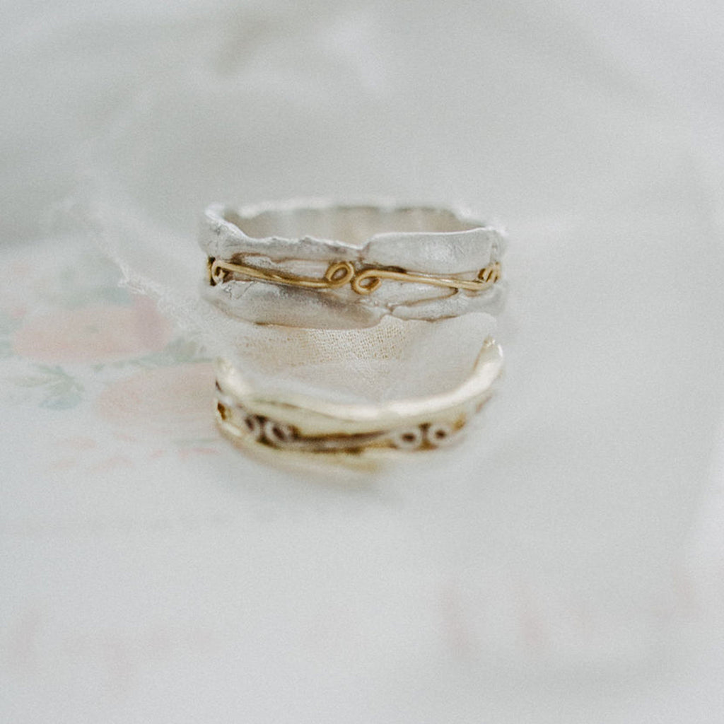 Raw textured 18ct gold and silver patterned ring band decorated with infinity symbols- unisex rings